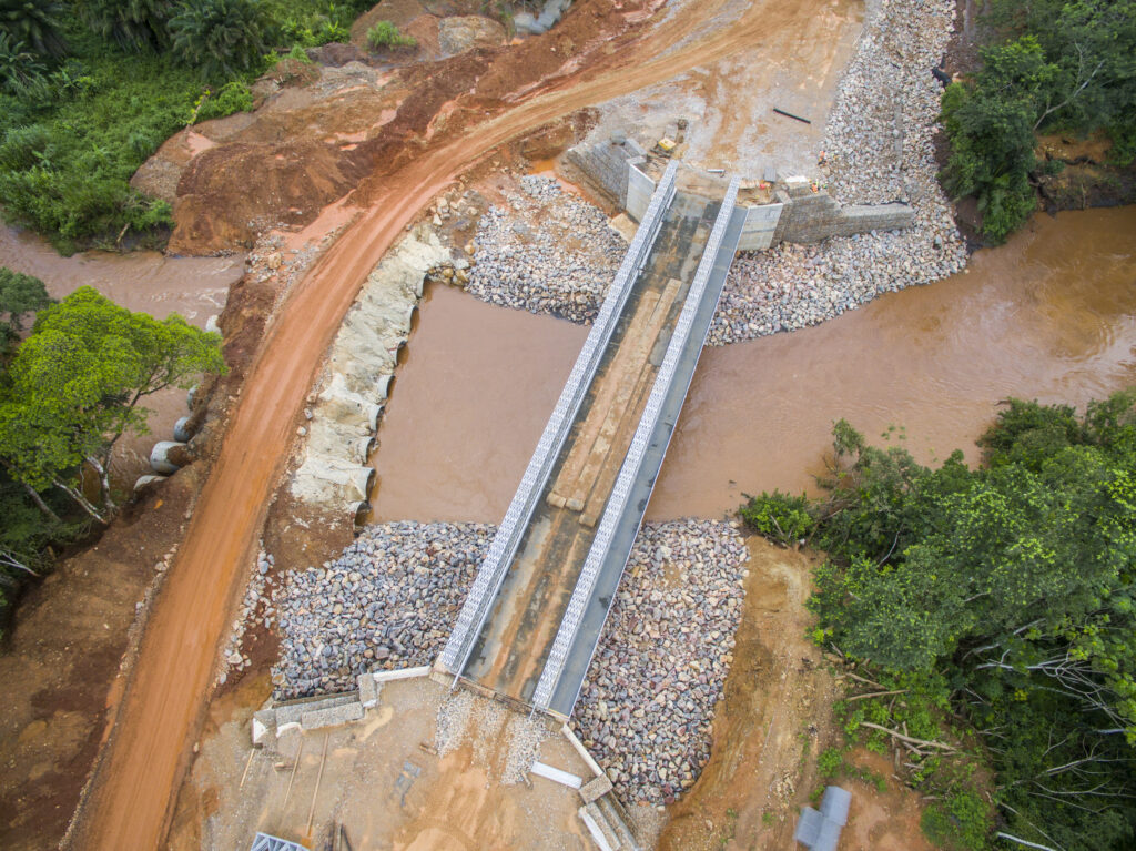 Liberia heavy duty Steel Modular Bridge with RC headwalls and Gabion Basket Protection