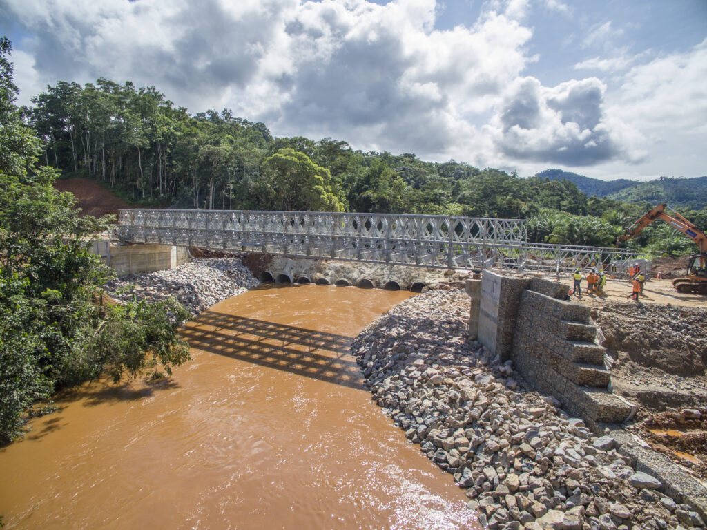 Liberia heavy duty Steel modular bridge with RC headwalls and gabion basket protection