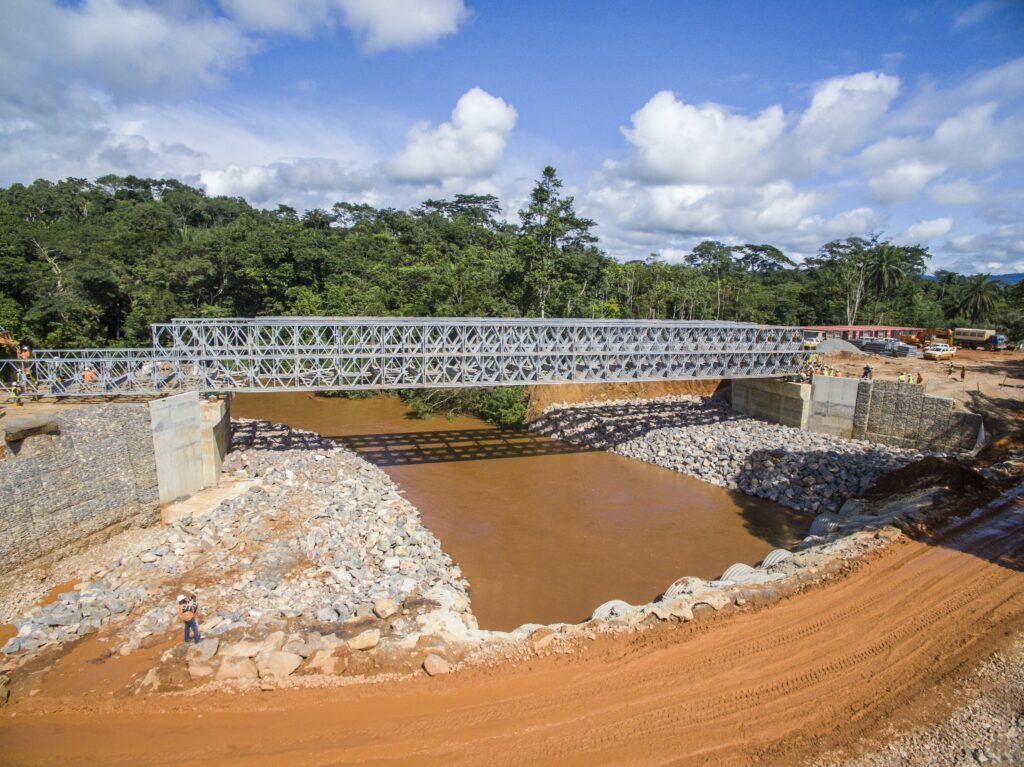 Liberia heavy duty steel modular bridge with RC headwalls and gabion basket protection